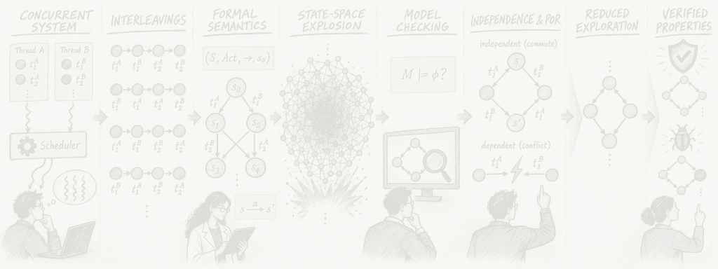 Colored hand-drawn animated graphical abstract showing the journey from concurrent systems and interleavings through model checking and partial-order reduction to verified properties
